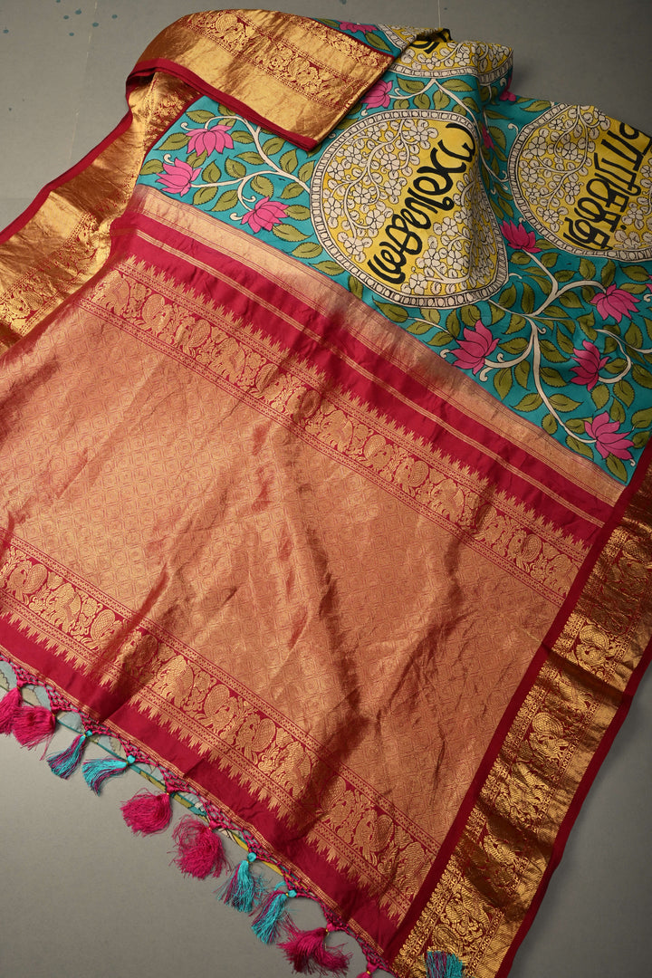Nari Shakti and Floral Theme  : Turquoise Blue Authentic Pen Kalamkari on Pure Kanjivaram Silk Saree with Deep Maroon Zari Border | SILK MARK CERTIFIED | SHOBITAM