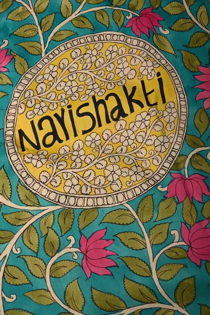 Nari Shakti and Floral Theme  : Turquoise Blue Authentic Pen Kalamkari on Pure Kanjivaram Silk Saree with Deep Maroon Zari Border | SILK MARK CERTIFIED | SHOBITAM