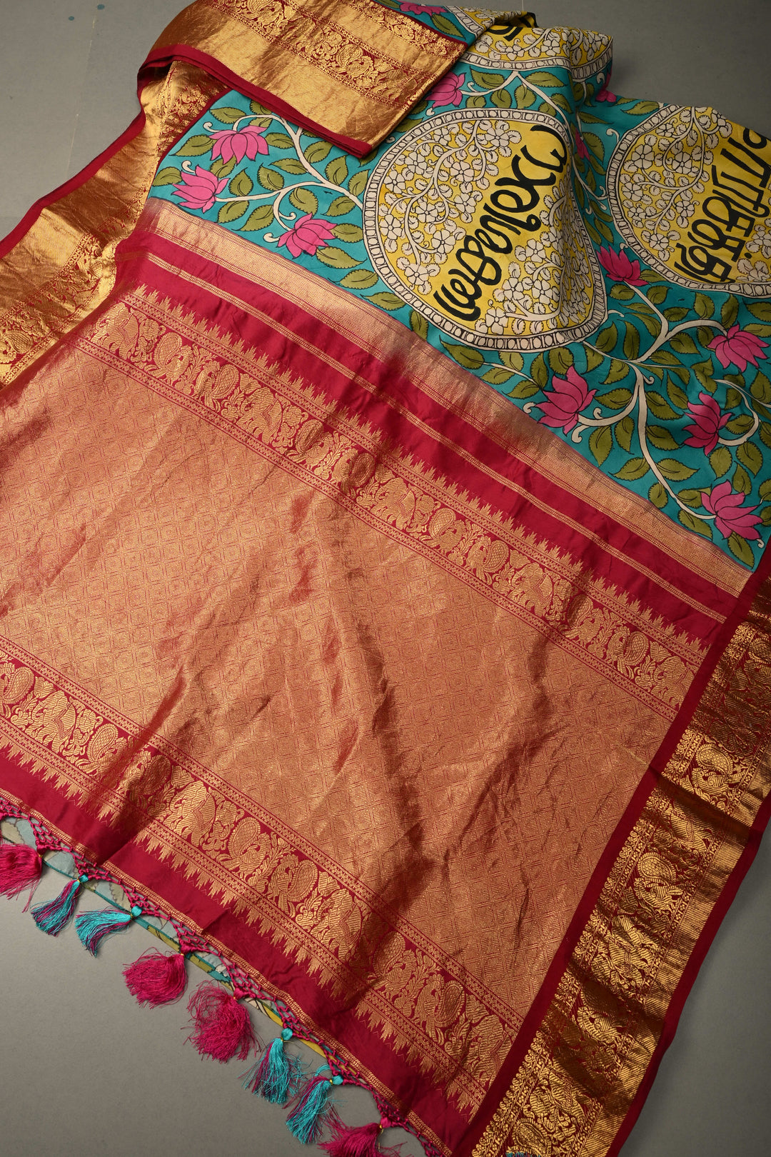 Nari Shakti and Floral Theme  : Turquoise Blue Authentic Pen Kalamkari on Pure Kanjivaram Silk Saree with Deep Maroon Zari Border | SILK MARK CERTIFIED | SHOBITAM