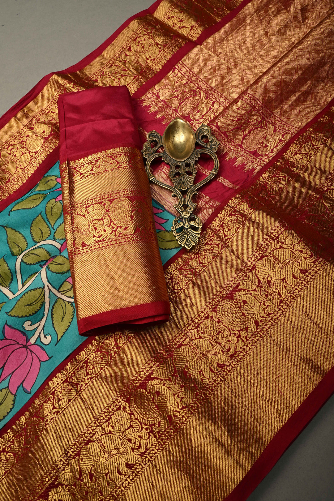Nari Shakti and Floral Theme  : Turquoise Blue Authentic Pen Kalamkari on Pure Kanjivaram Silk Saree with Deep Maroon Zari Border | SILK MARK CERTIFIED | SHOBITAM