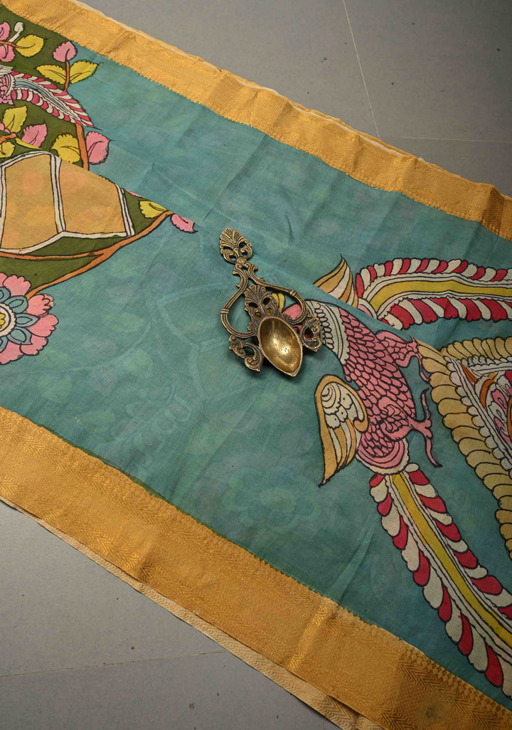 Tree of Life Theme: Blue Authentic Pen kalamkari on Bangalore Silk Saree with Zari Border | SHOBITAM