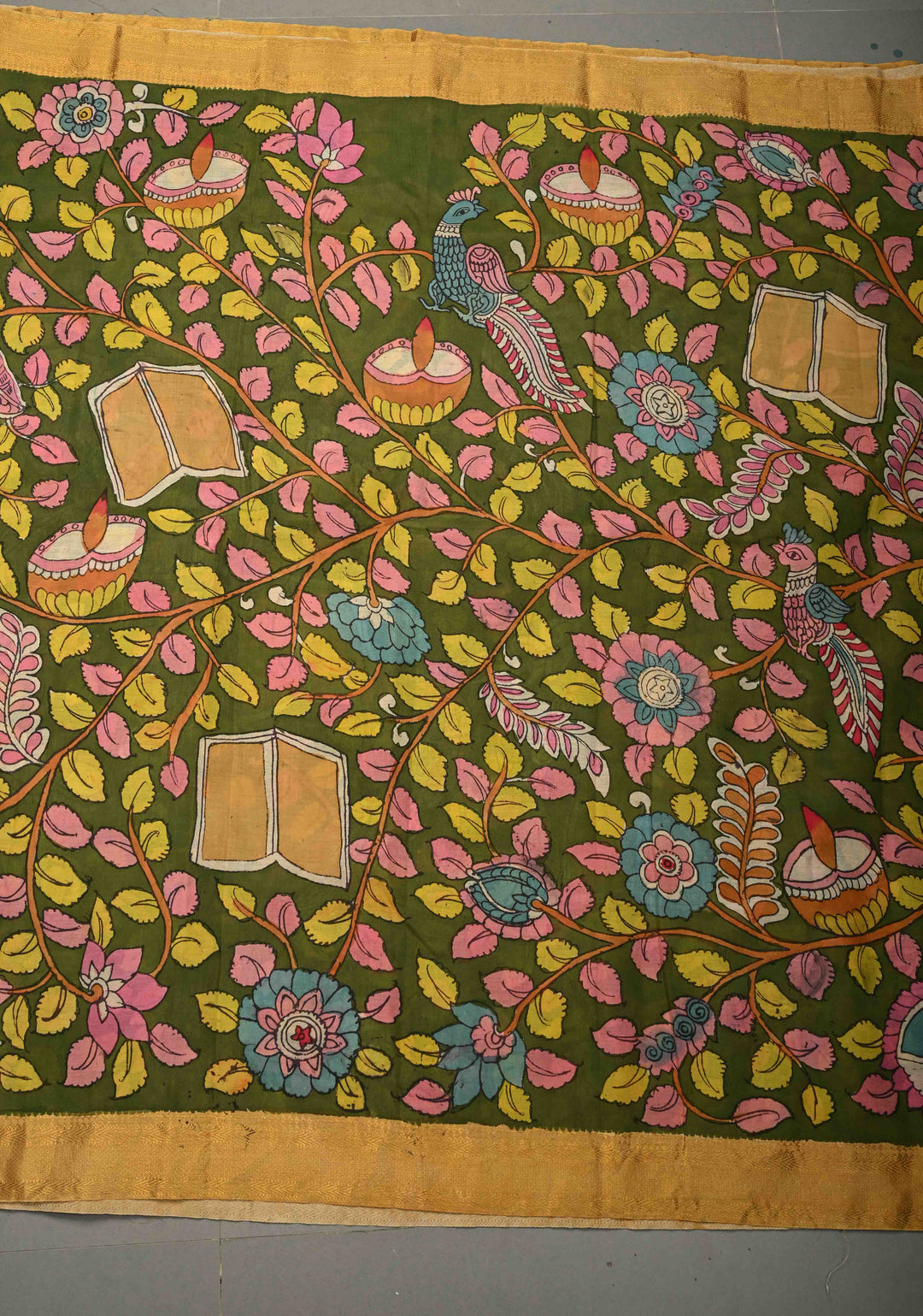 Tree of Life Theme: Blue Authentic Pen kalamkari on Bangalore Silk Saree with Zari Border | SHOBITAM
