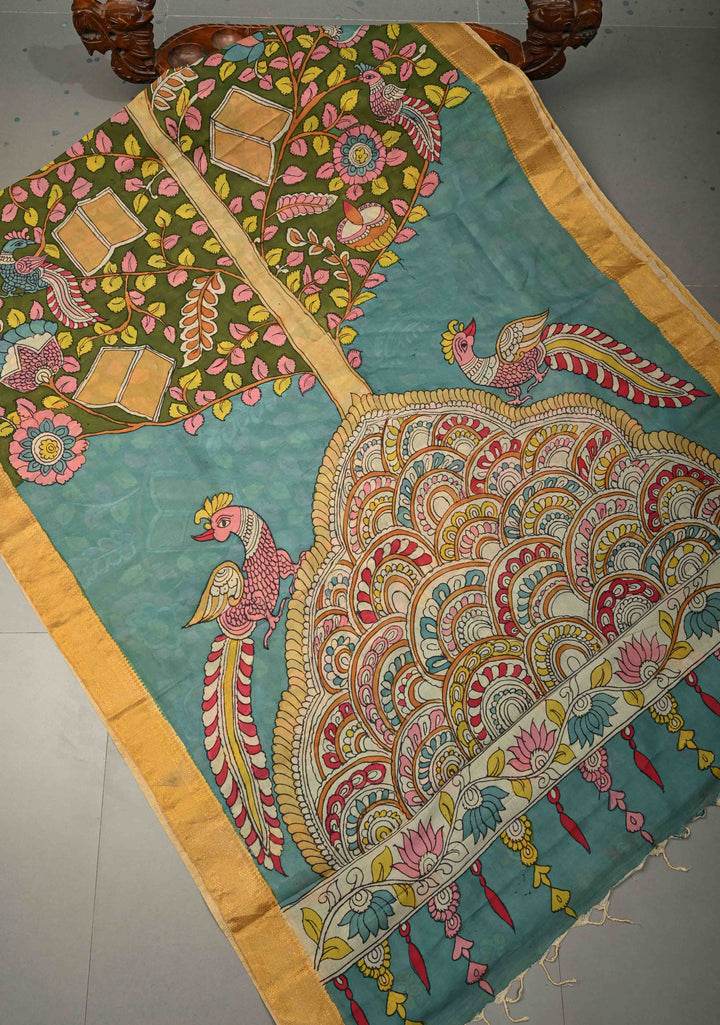 Tree of Life Theme: Blue Authentic Pen kalamkari on Bangalore Silk Saree with Zari Border | SHOBITAM