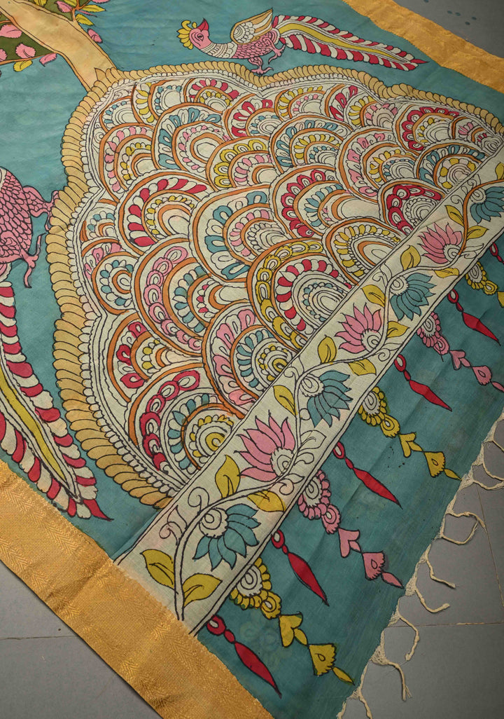 Tree of Life Theme: Blue Authentic Pen kalamkari on Bangalore Silk Saree with Zari Border | SHOBITAM