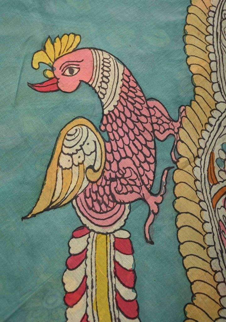 Tree of Life Theme: Blue Authentic Pen kalamkari on Bangalore Silk Saree with Zari Border | SHOBITAM