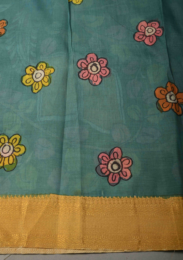 Tree of Life Theme: Blue Authentic Pen kalamkari on Bangalore Silk Saree with Zari Border | SHOBITAM