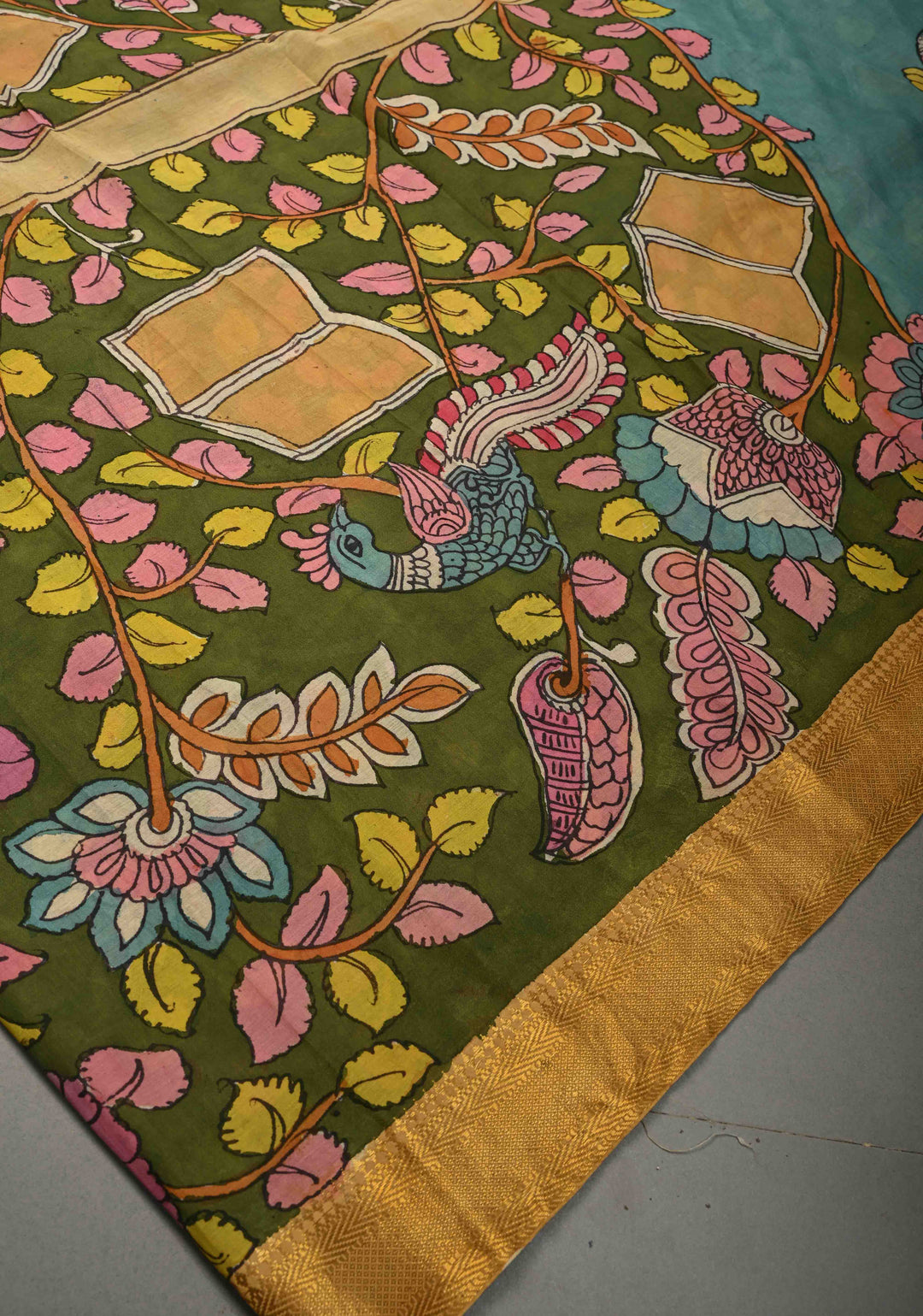 Tree of Life Theme: Blue Authentic Pen kalamkari on Bangalore Silk Saree with Zari Border | SHOBITAM