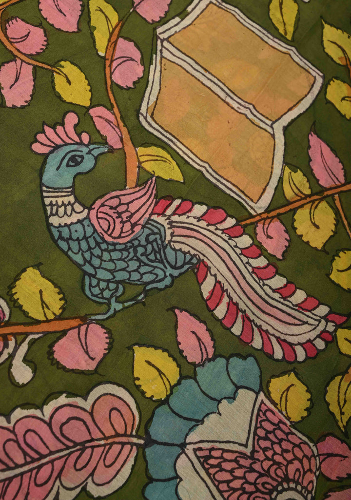 Tree of Life Theme: Blue Authentic Pen kalamkari on Bangalore Silk Saree with Zari Border | SHOBITAM