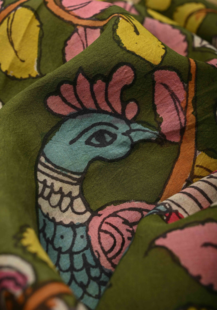 Tree of Life Theme: Blue Authentic Pen kalamkari on Bangalore Silk Saree with Zari Border | SHOBITAM