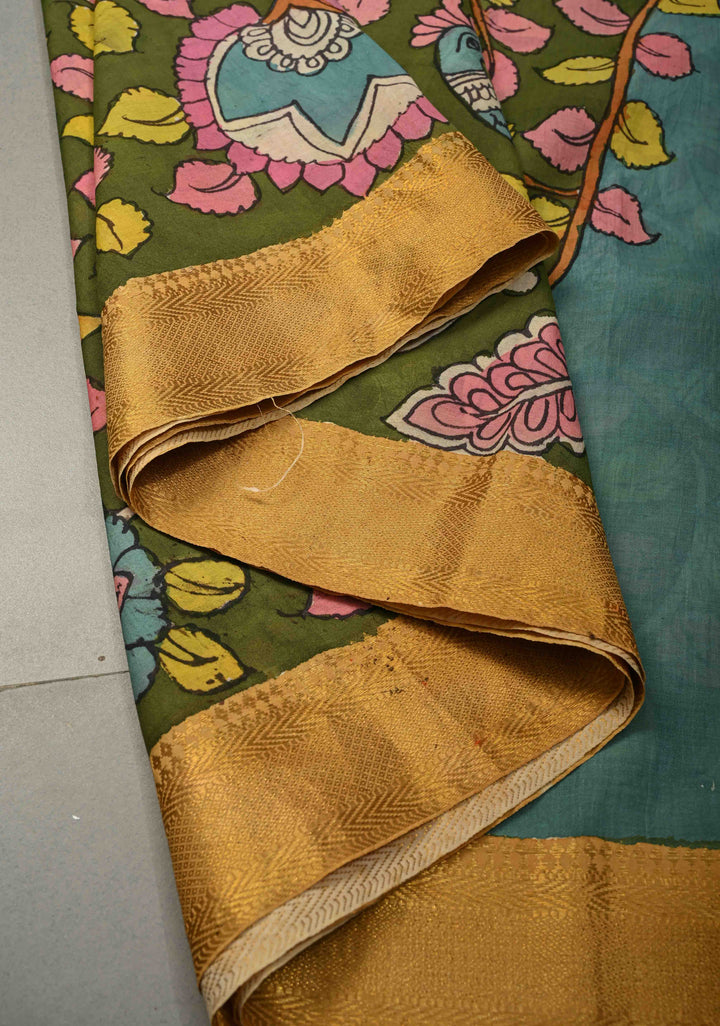 Tree of Life Theme: Blue Authentic Pen kalamkari on Bangalore Silk Saree with Zari Border | SHOBITAM