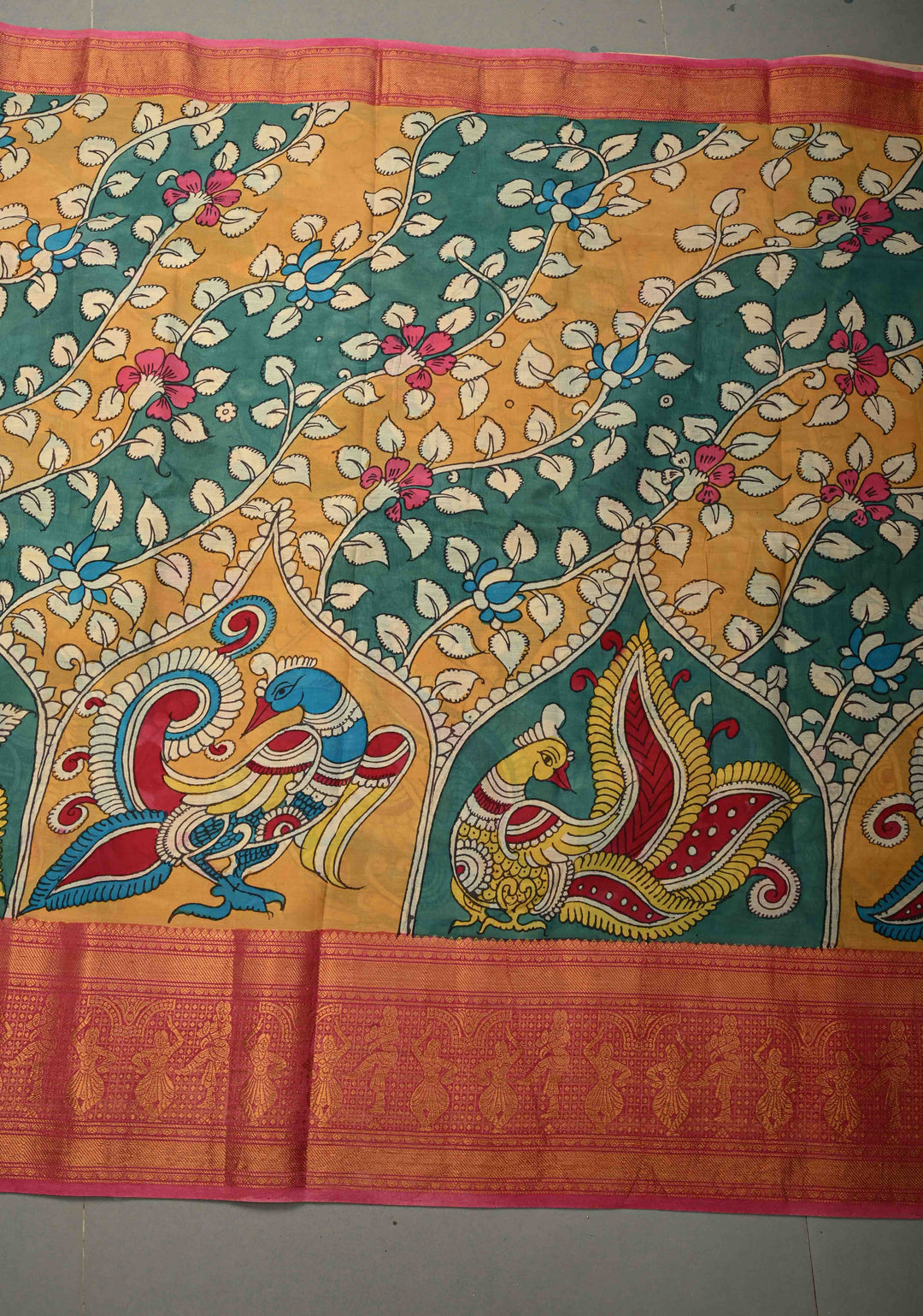 BITS Campus Pallu Theme : Yellow Authentic Pen kalamkari on Bangalore Silk Saree with Floral Jaal and Zari Border | SHOBITAM