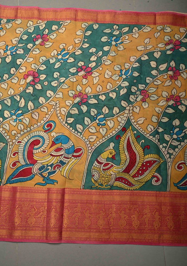 BITS Campus Pallu Theme : Yellow Authentic Pen kalamkari on Bangalore Silk Saree with Floral Jaal and Zari Border | SHOBITAM