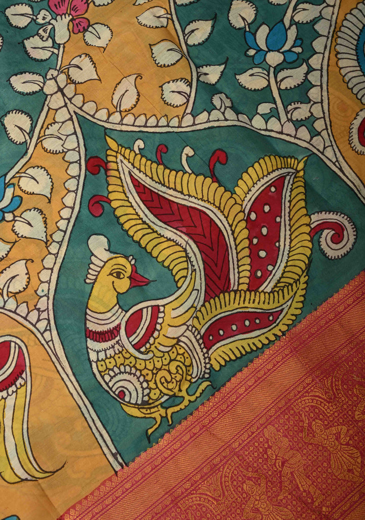 BITS Campus Pallu Theme : Yellow Authentic Pen kalamkari on Bangalore Silk Saree with Floral Jaal and Zari Border | SHOBITAM
