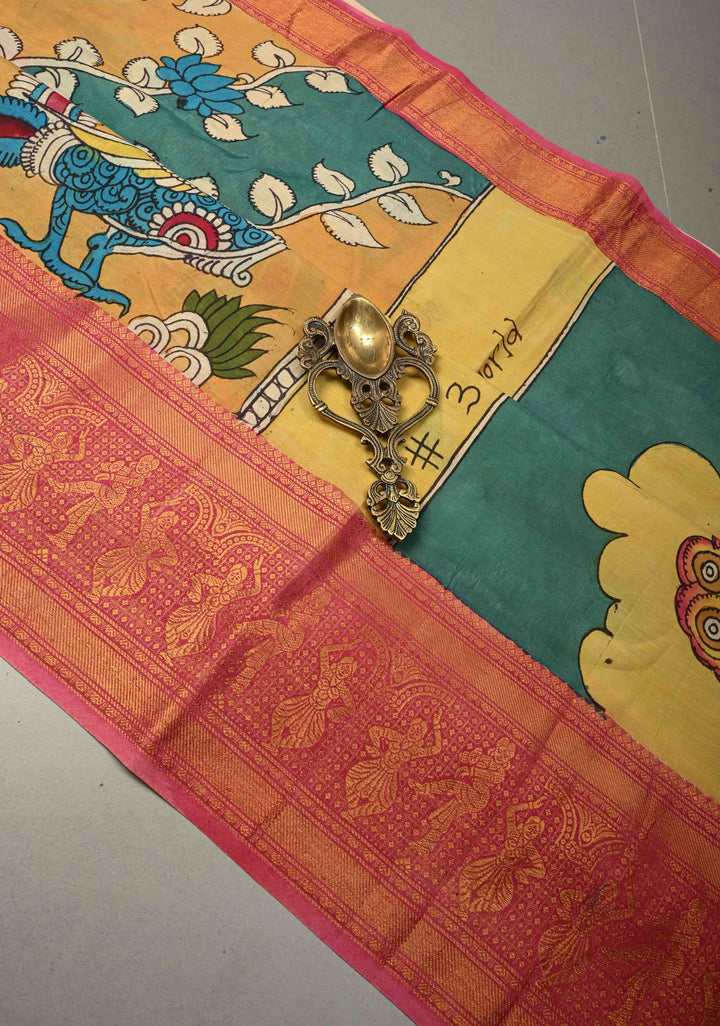 BITS Campus Pallu Theme : Yellow Authentic Pen kalamkari on Bangalore Silk Saree with Floral Jaal and Zari Border | SHOBITAM