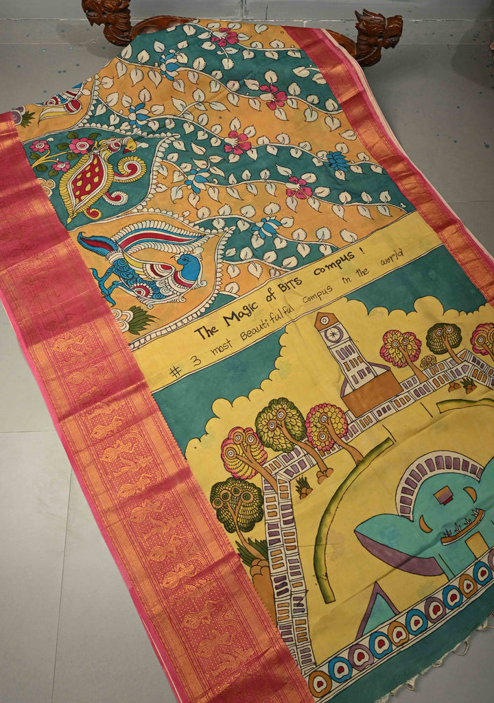 BITS Campus Pallu Theme : Yellow Authentic Pen kalamkari on Bangalore Silk Saree with Floral Jaal and Zari Border | SHOBITAM