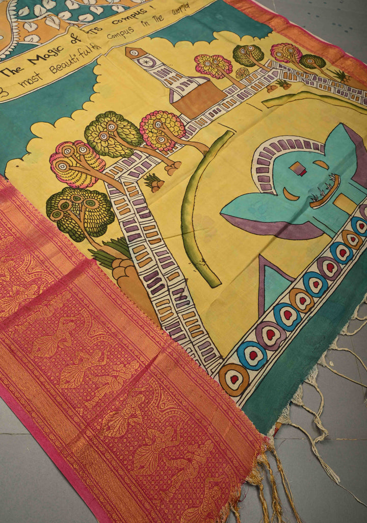 BITS Campus Pallu Theme : Yellow Authentic Pen kalamkari on Bangalore Silk Saree with Floral Jaal and Zari Border | SHOBITAM
