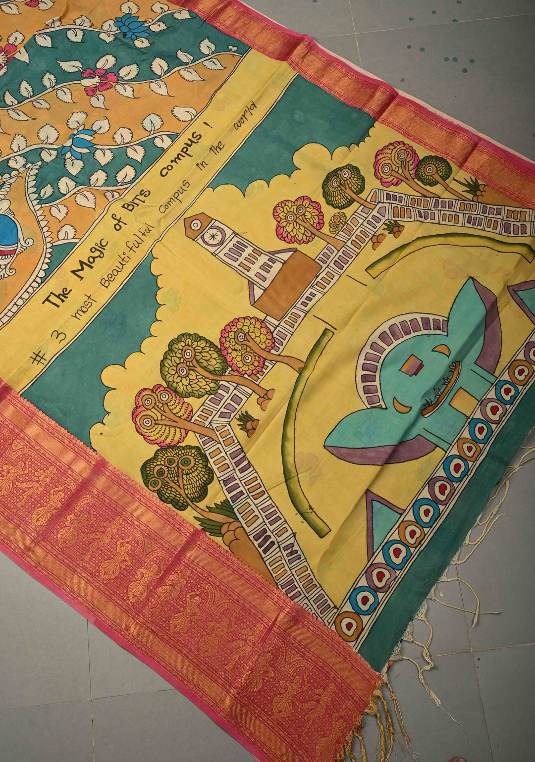 BITS Campus Pallu Theme : Yellow Authentic Pen kalamkari on Bangalore Silk Saree with Floral Jaal and Zari Border | SHOBITAM