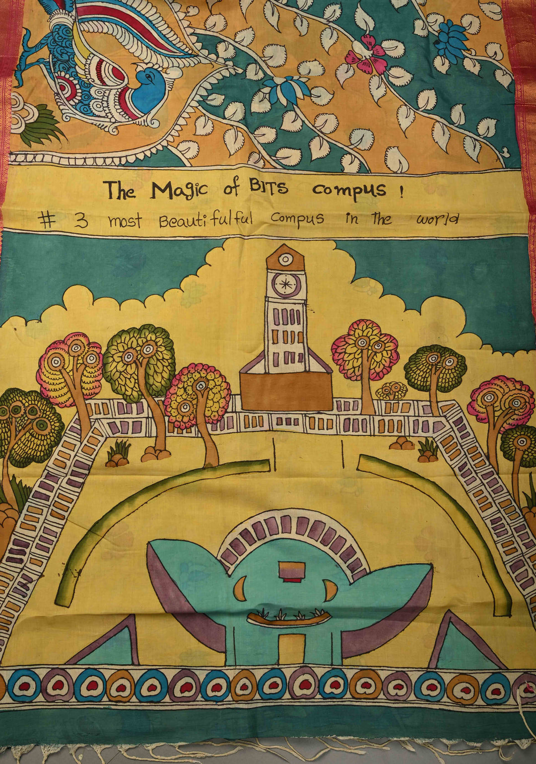 BITS Campus Pallu Theme : Yellow Authentic Pen kalamkari on Bangalore Silk Saree with Floral Jaal and Zari Border | SHOBITAM