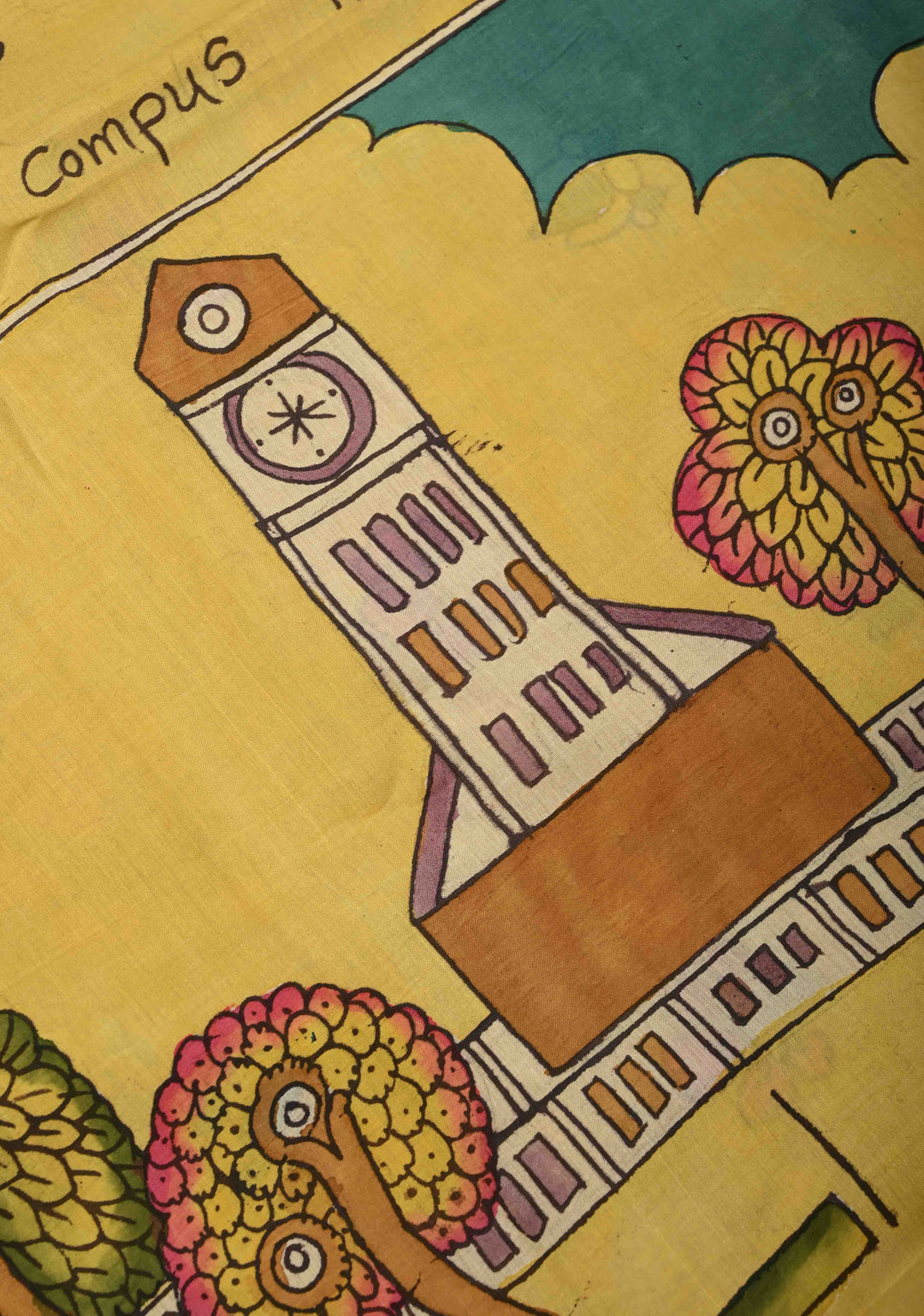 BITS Campus Pallu Theme : Yellow Authentic Pen kalamkari on Bangalore Silk Saree with Floral Jaal and Zari Border | SHOBITAM
