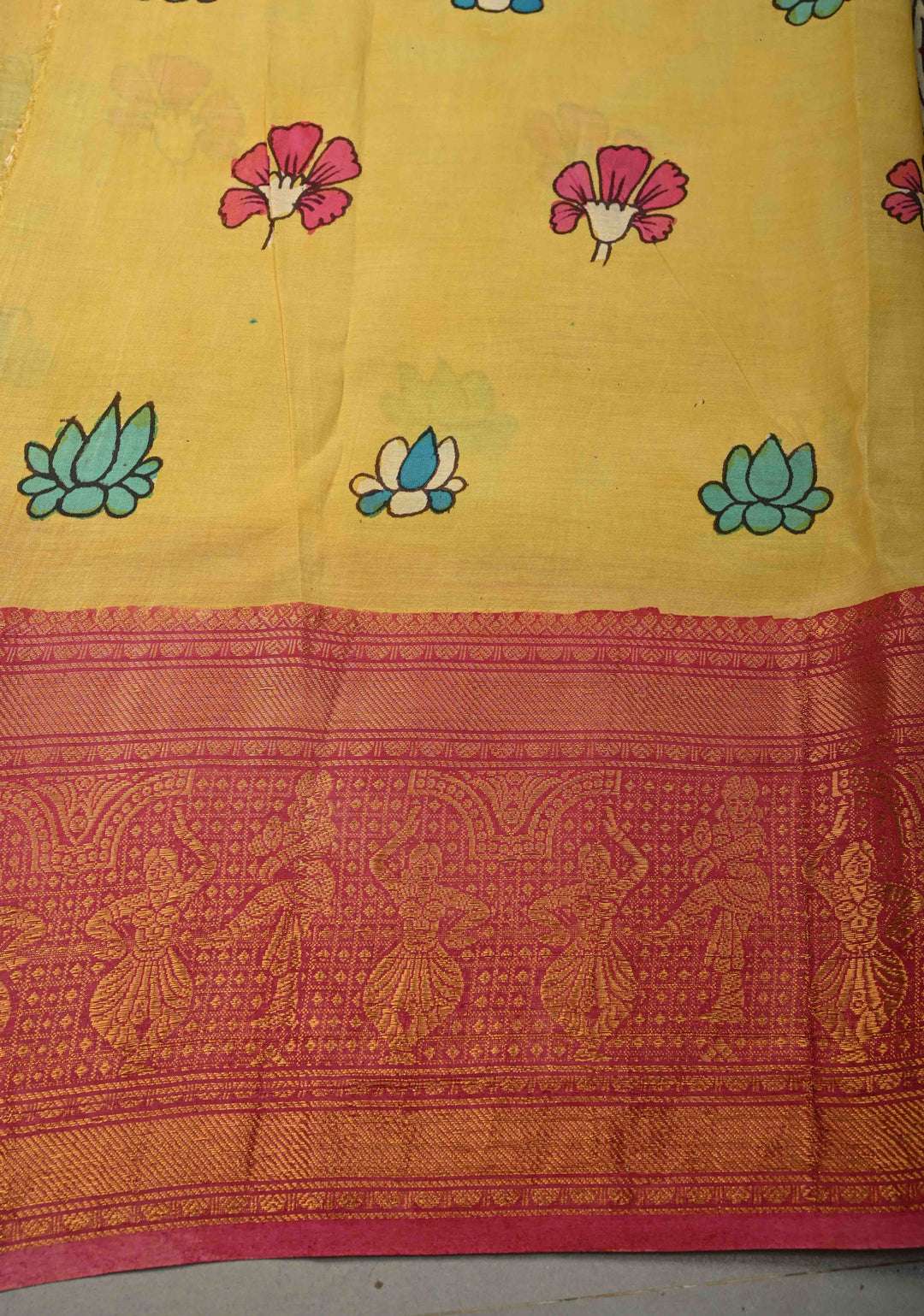 BITS Campus Pallu Theme : Yellow Authentic Pen kalamkari on Bangalore Silk Saree with Floral Jaal and Zari Border | SHOBITAM