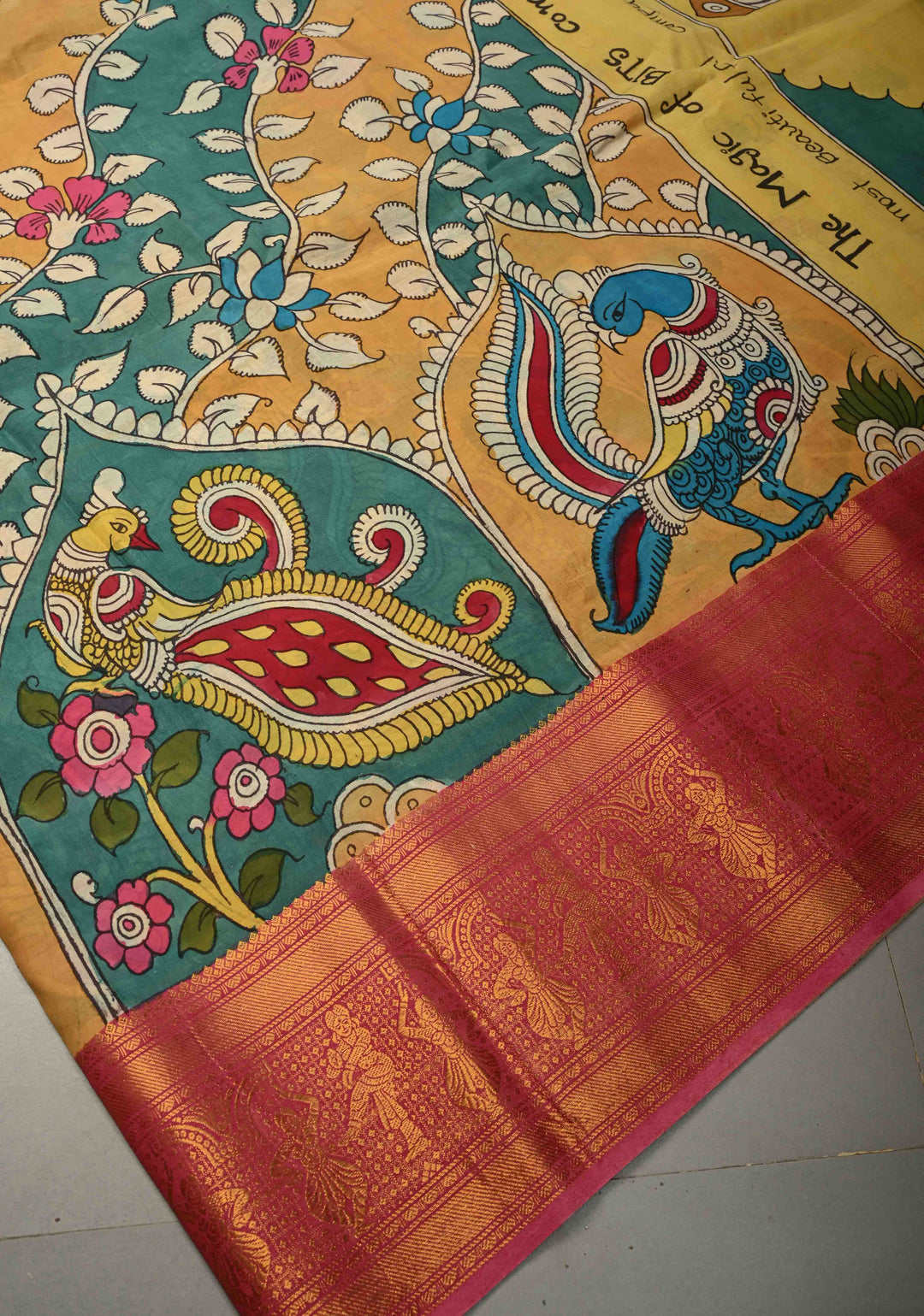 BITS Campus Pallu Theme : Yellow Authentic Pen kalamkari on Bangalore Silk Saree with Floral Jaal and Zari Border | SHOBITAM