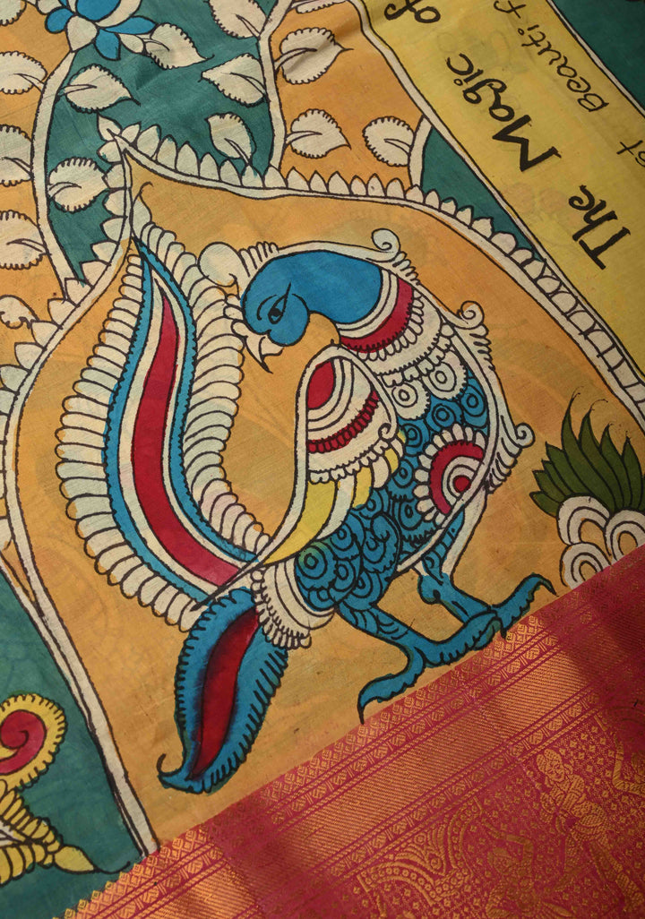 BITS Campus Pallu Theme : Yellow Authentic Pen kalamkari on Bangalore Silk Saree with Floral Jaal and Zari Border | SHOBITAM