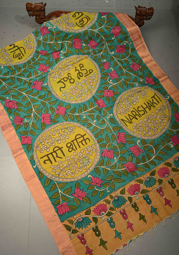 Nari Shakti Theme : Blue Authentic Pen kalamkari on Bangalore Silk Saree with Floral Jaal and Zari Border | SHOBITAM