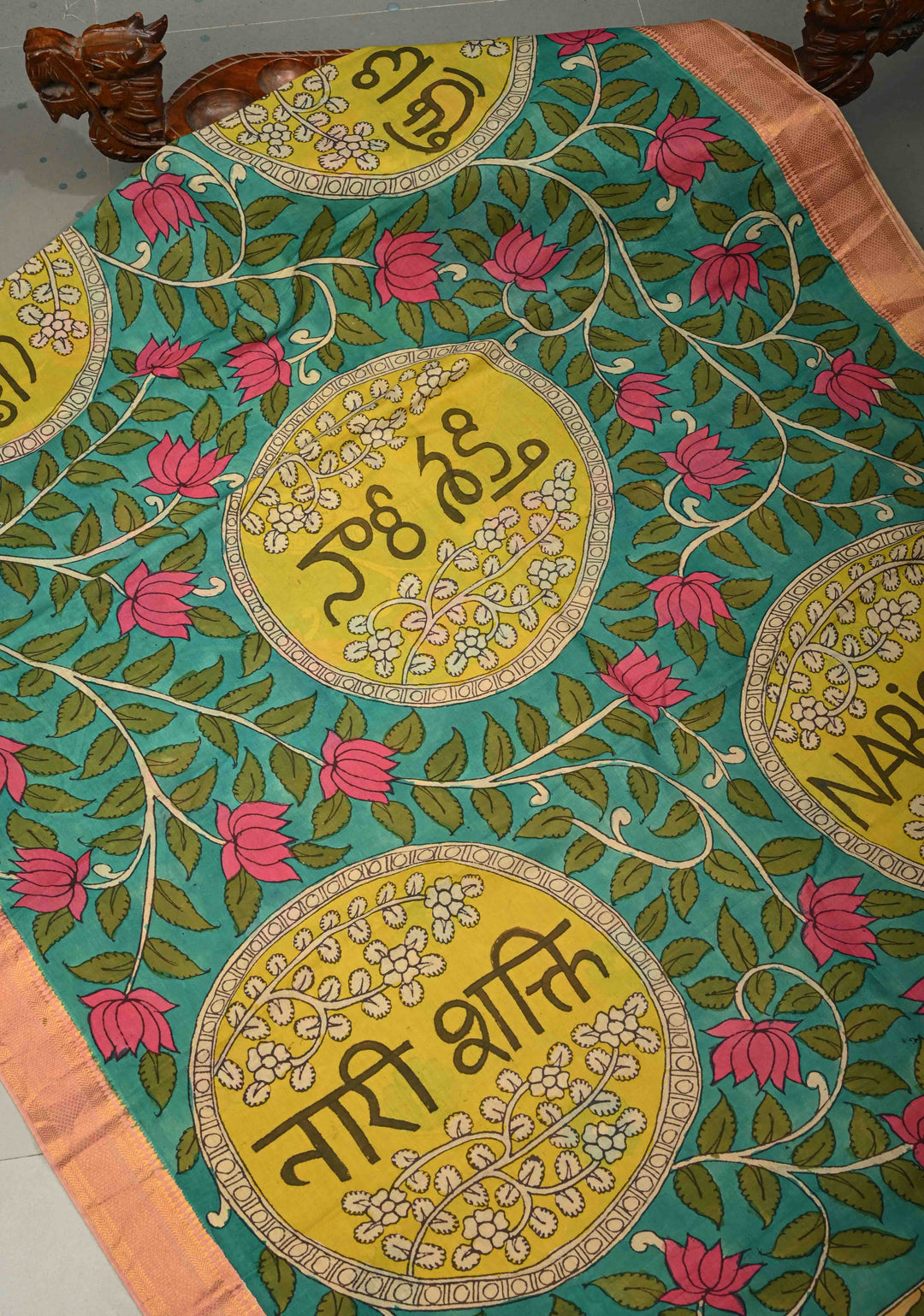 Nari Shakti Theme : Blue Authentic Pen kalamkari on Bangalore Silk Saree with Floral Jaal and Zari Border | SHOBITAM