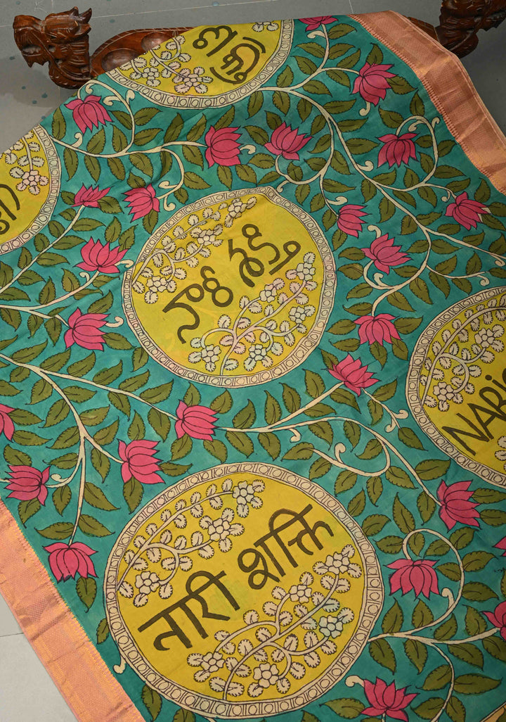 Nari Shakti Theme : Blue Authentic Pen kalamkari on Bangalore Silk Saree with Floral Jaal and Zari Border | SHOBITAM
