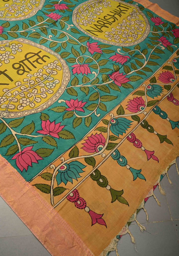 Nari Shakti Theme : Blue Authentic Pen kalamkari on Bangalore Silk Saree with Floral Jaal and Zari Border | SHOBITAM