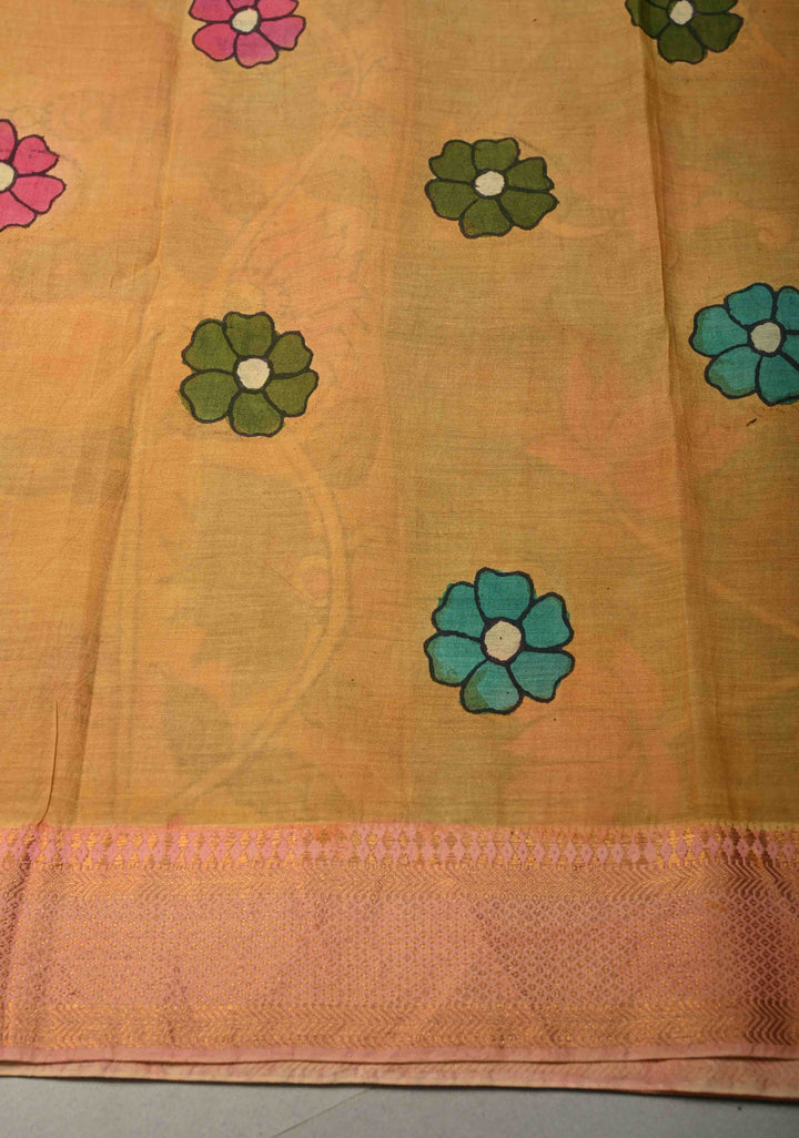 Nari Shakti Theme : Blue Authentic Pen kalamkari on Bangalore Silk Saree with Floral Jaal and Zari Border | SHOBITAM