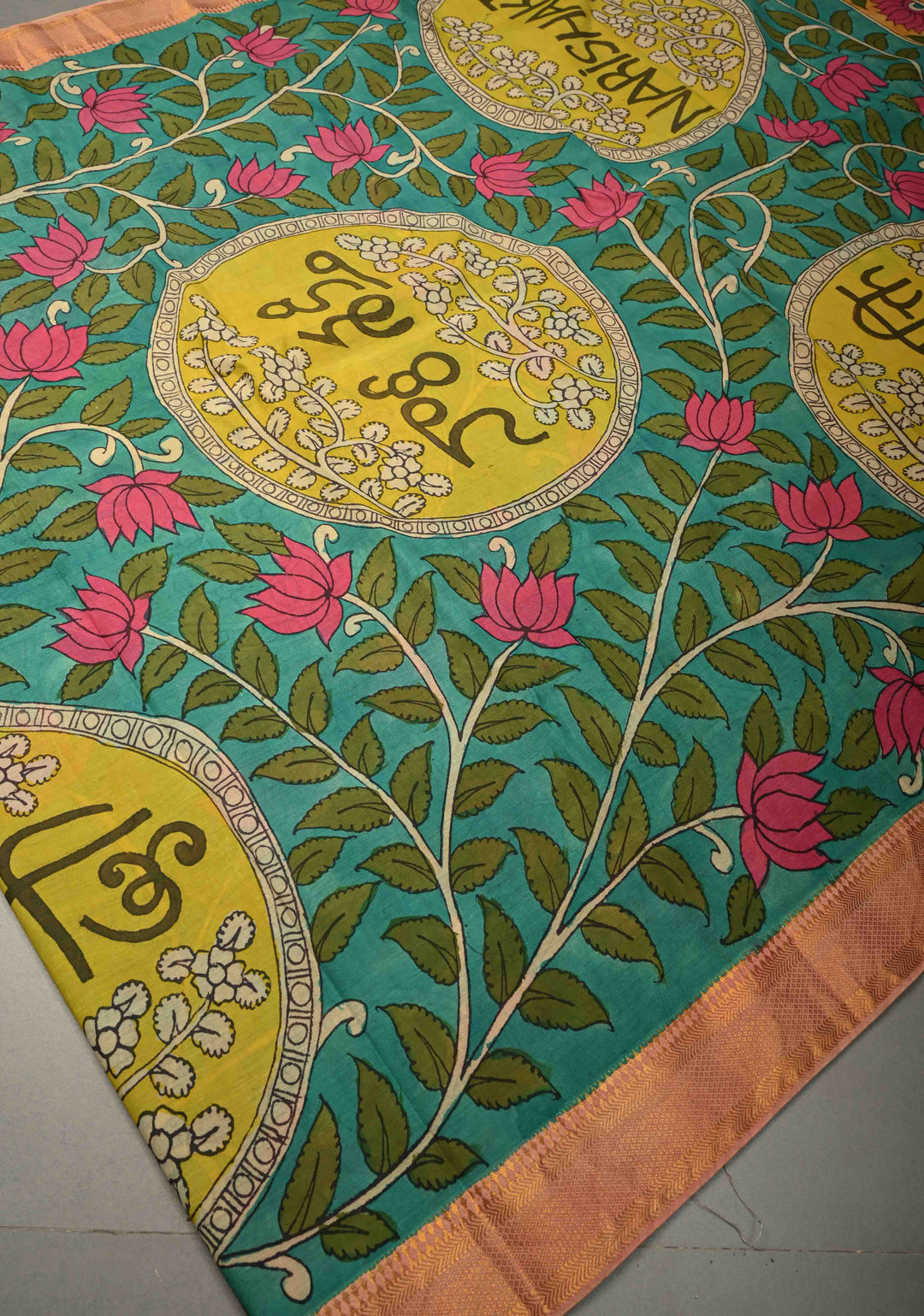Nari Shakti Theme : Blue Authentic Pen kalamkari on Bangalore Silk Saree with Floral Jaal and Zari Border | SHOBITAM