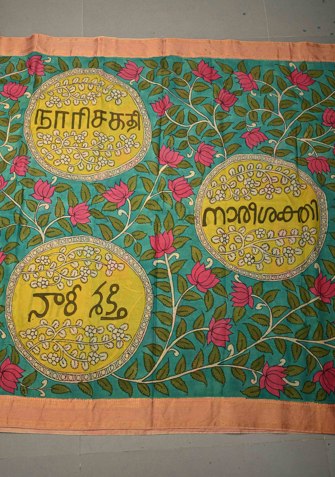 Nari Shakti Theme : Blue Authentic Pen kalamkari on Bangalore Silk Saree with Floral Jaal and Zari Border | SHOBITAM