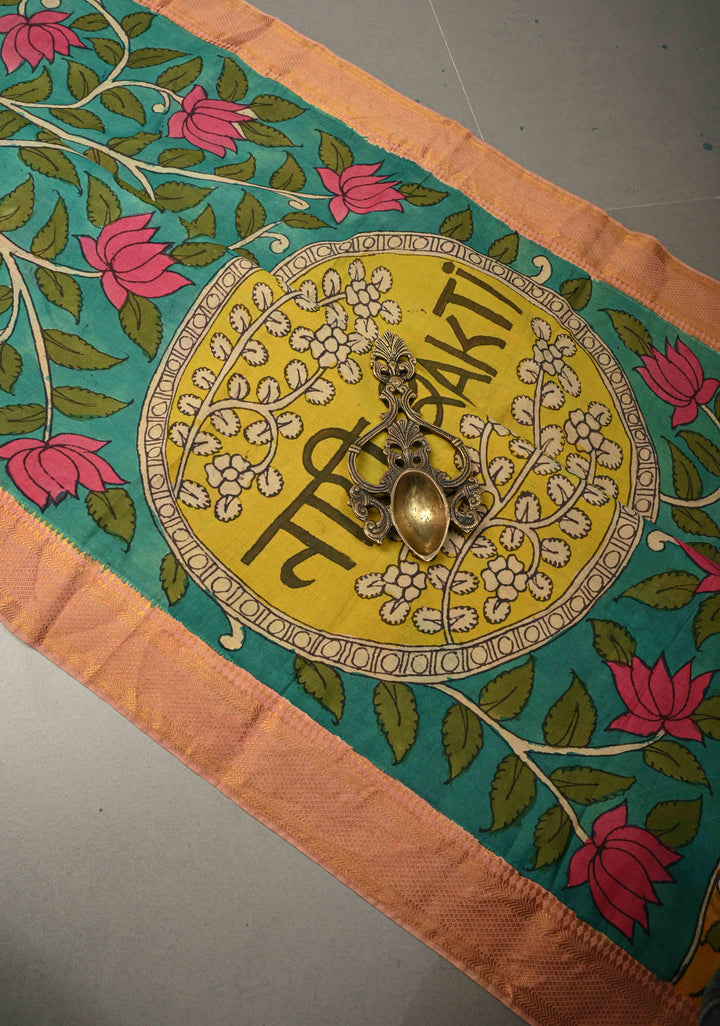 Nari Shakti Theme : Blue Authentic Pen kalamkari on Bangalore Silk Saree with Floral Jaal and Zari Border | SHOBITAM