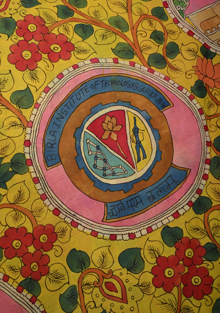 Pilani Campus Life Theme: Yellow Authentic Pen kalamkari on Bangalore Silk Saree with Zari Border and Jnanam Paramam Balam on Pallu | SHOBITAM