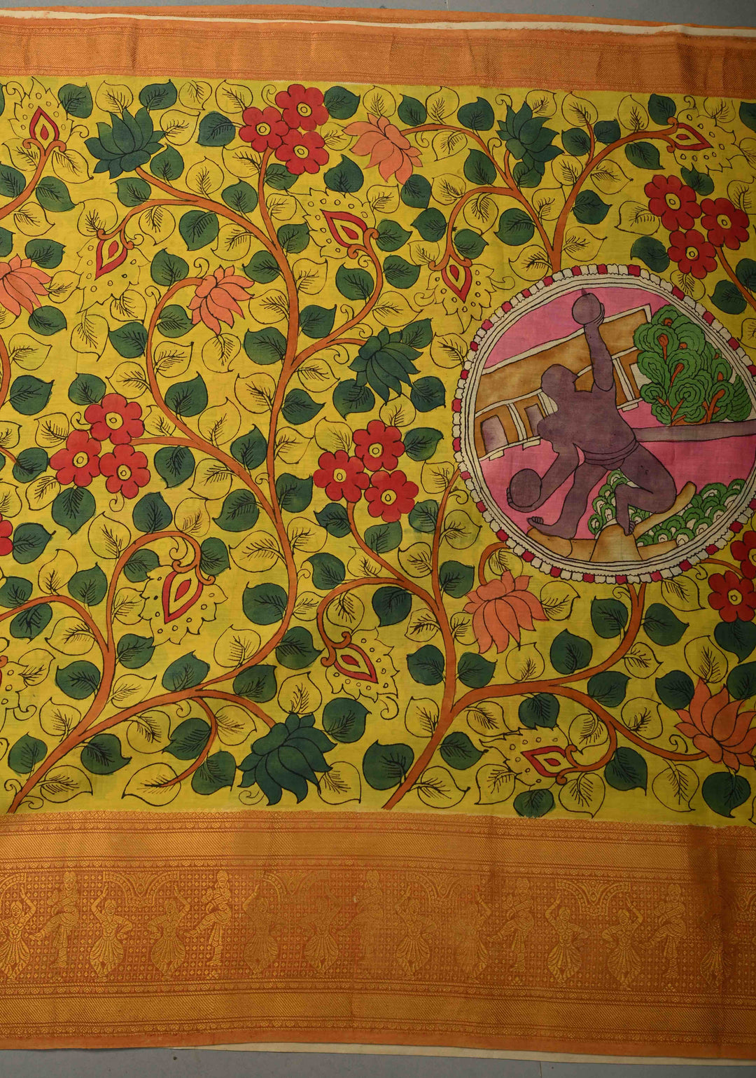 Pilani Campus Life Theme: Yellow Authentic Pen kalamkari on Bangalore Silk Saree with Zari Border and Jnanam Paramam Balam on Pallu | SHOBITAM