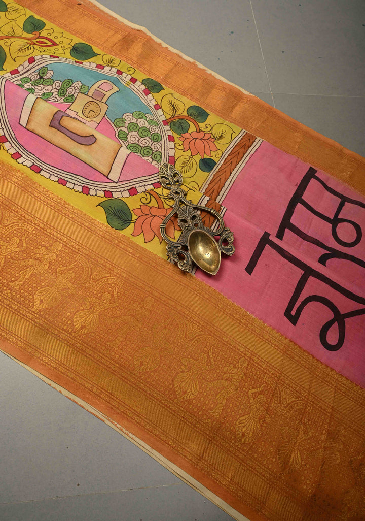 Pilani Campus Life Theme: Yellow Authentic Pen kalamkari on Bangalore Silk Saree with Zari Border and Jnanam Paramam Balam on Pallu | SHOBITAM
