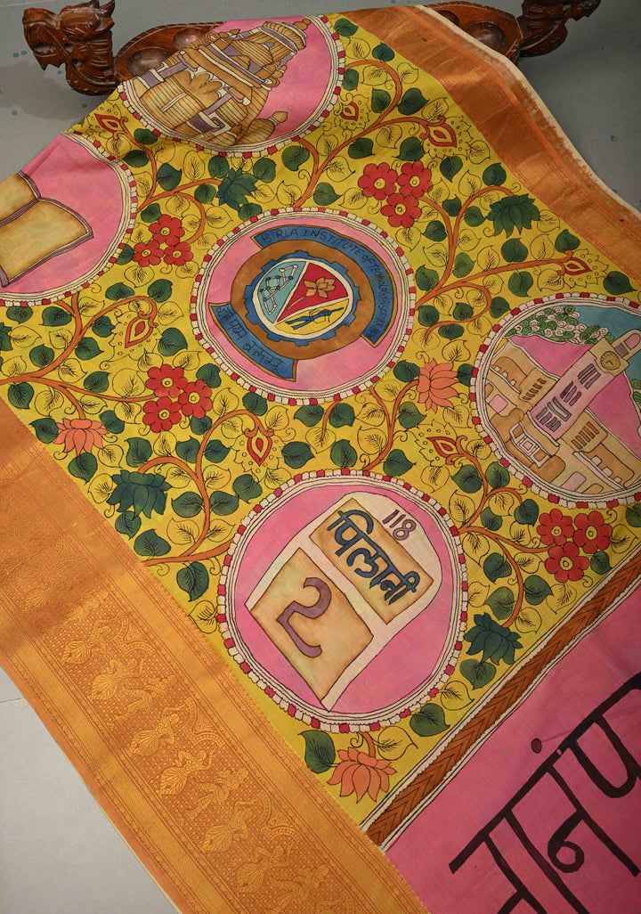 Pilani Campus Life Theme: Yellow Authentic Pen kalamkari on Bangalore Silk Saree with Zari Border and Jnanam Paramam Balam on Pallu | SHOBITAM