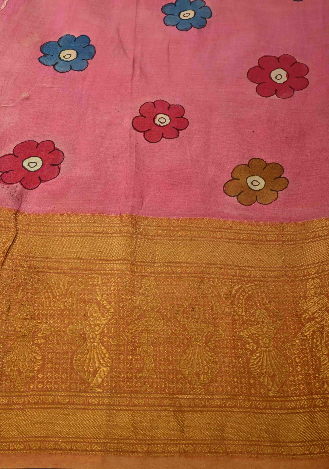 Pilani Campus Life Theme: Yellow Authentic Pen kalamkari on Bangalore Silk Saree with Zari Border and Jnanam Paramam Balam on Pallu | SHOBITAM