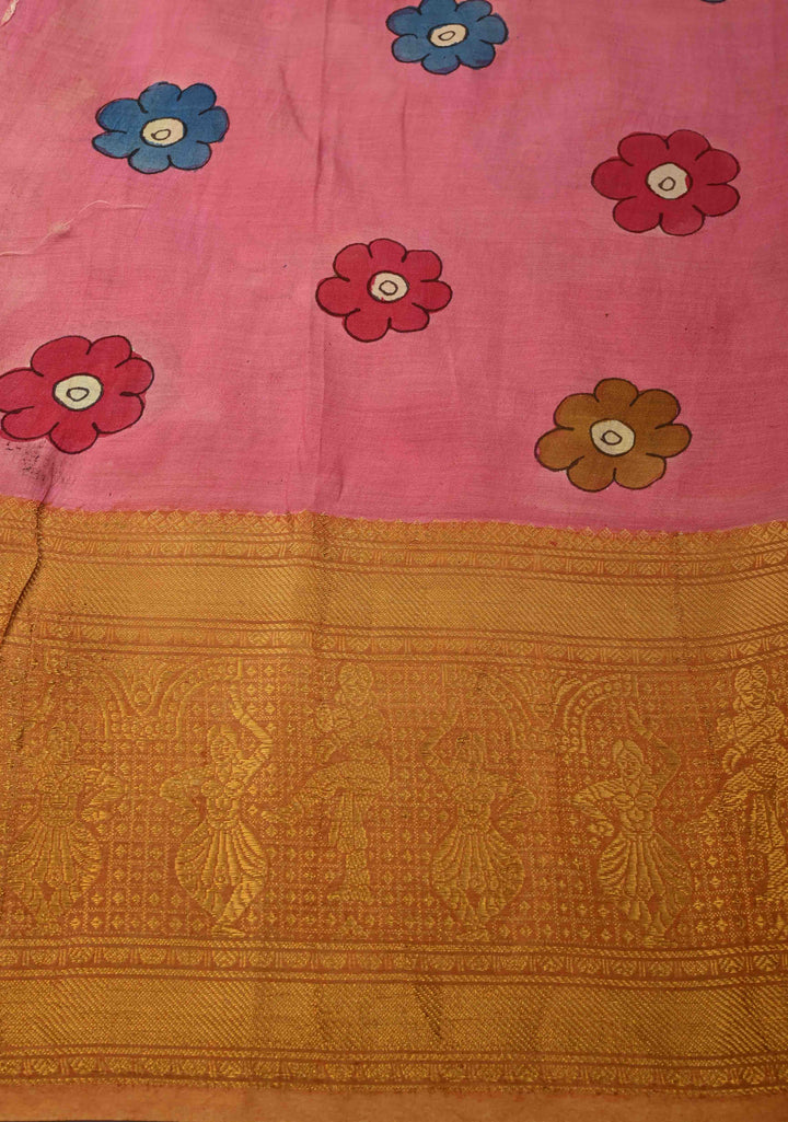 Pilani Campus Life Theme: Yellow Authentic Pen kalamkari on Bangalore Silk Saree with Zari Border and Jnanam Paramam Balam on Pallu | SHOBITAM