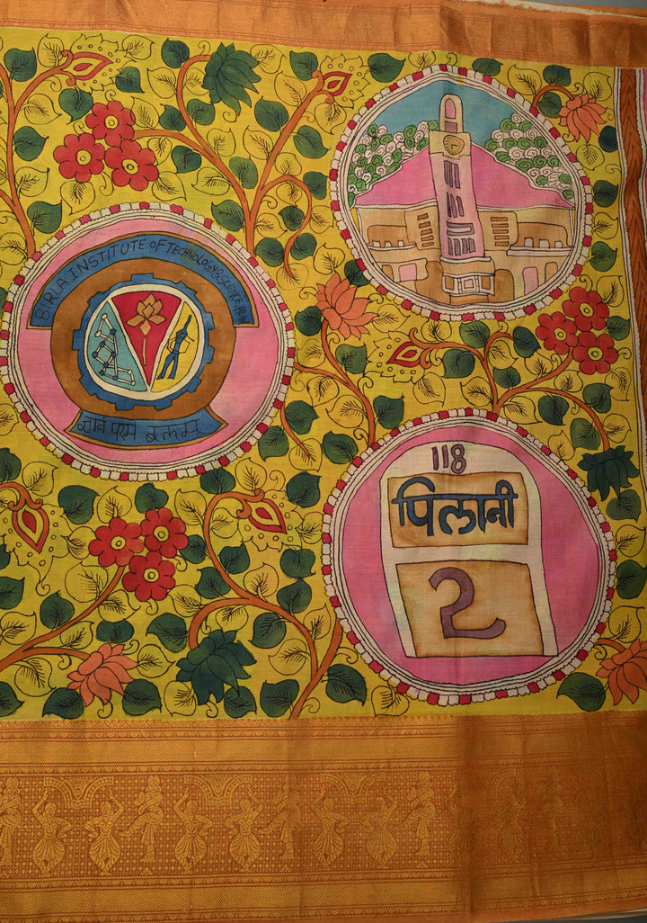 Pilani Campus Life Theme: Yellow Authentic Pen kalamkari on Bangalore Silk Saree with Zari Border and Jnanam Paramam Balam on Pallu | SHOBITAM