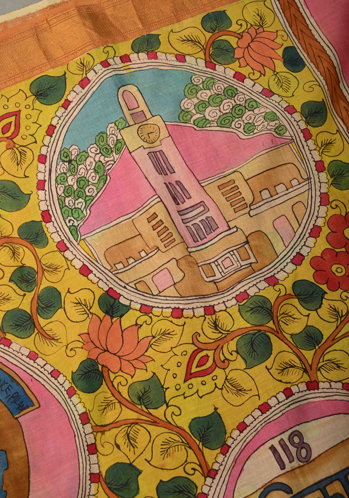 Pilani Campus Life Theme: Yellow Authentic Pen kalamkari on Bangalore Silk Saree with Zari Border and Jnanam Paramam Balam on Pallu | SHOBITAM