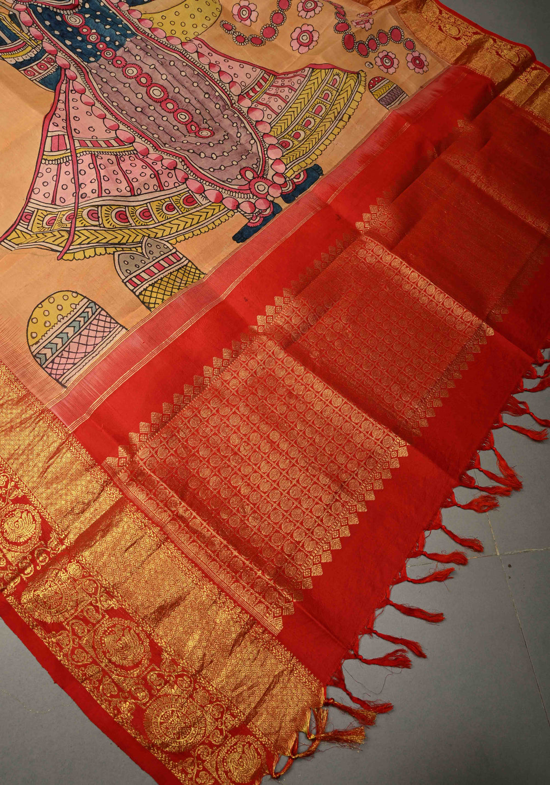Dupatta: Orange Authentic Pen Kalamkari Hand Painted on Kanjivaram Pure Silk Dupatta with Srinath Ji Theme Zari Border | SILK MARK CERTIFIED | SHOBITAM