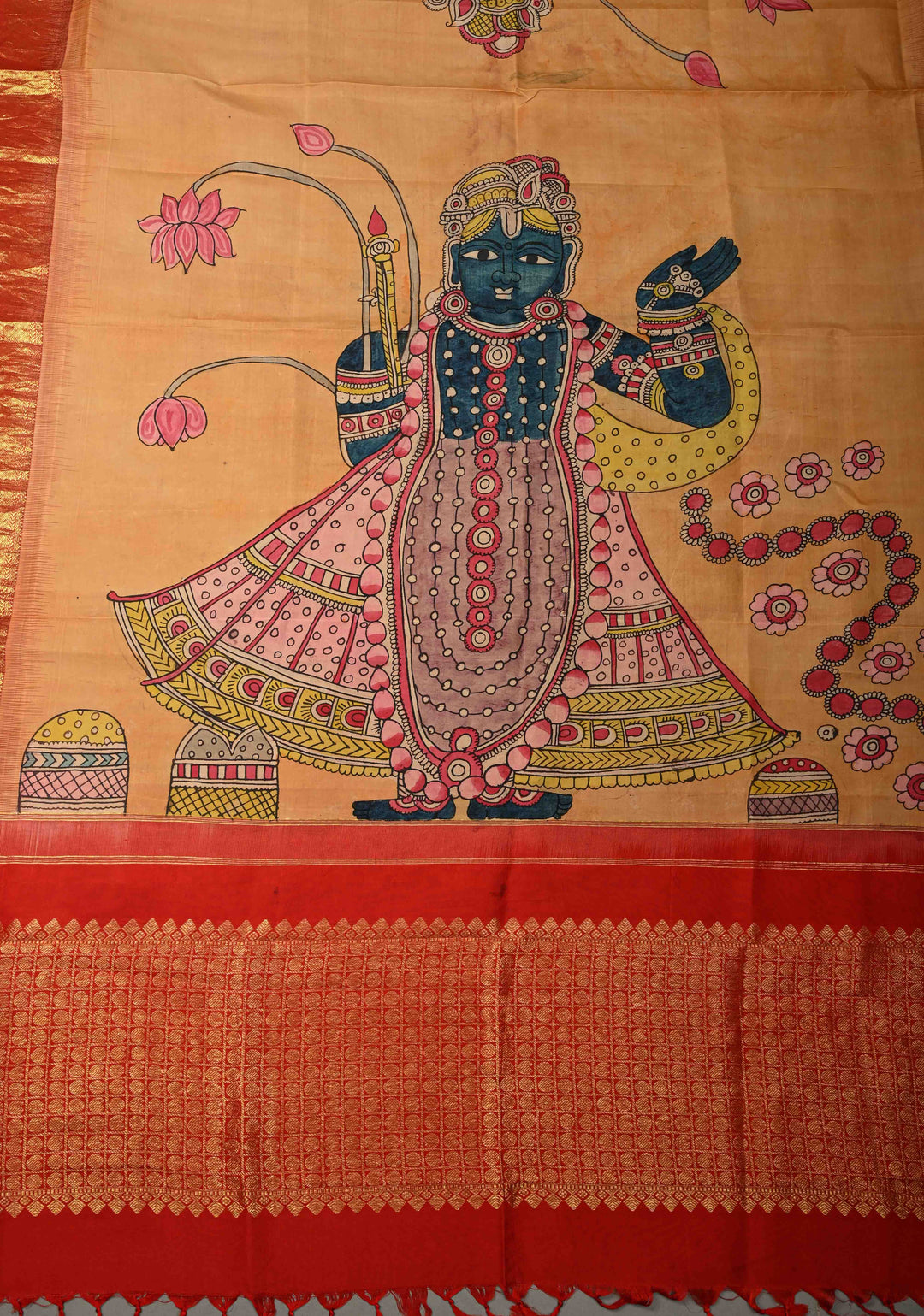 Dupatta: Orange Authentic Pen Kalamkari Hand Painted on Kanjivaram Pure Silk Dupatta with Srinath Ji Theme Zari Border | SILK MARK CERTIFIED | SHOBITAM