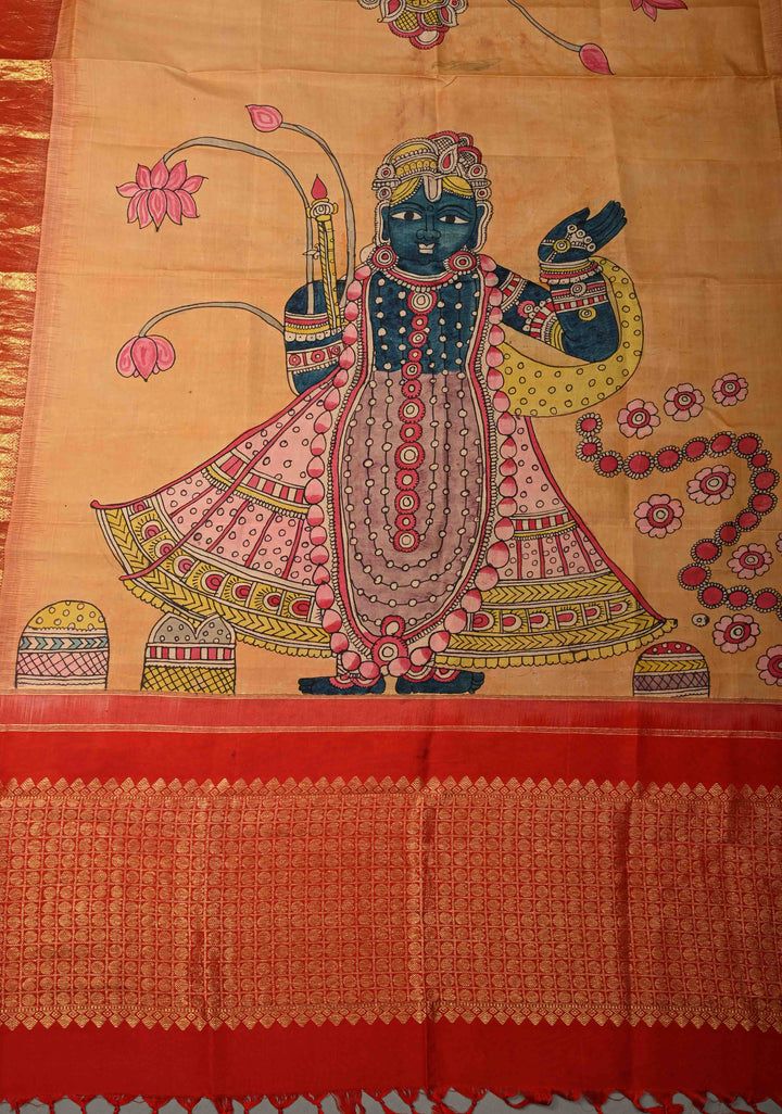Dupatta: Orange Authentic Pen Kalamkari Hand Painted on Kanjivaram Pure Silk Dupatta with Srinath Ji Theme Zari Border | SILK MARK CERTIFIED | SHOBITAM