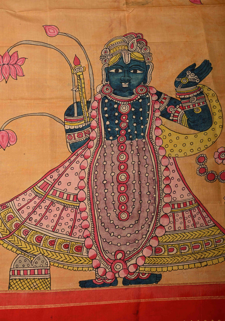 Dupatta: Orange Authentic Pen Kalamkari Hand Painted on Kanjivaram Pure Silk Dupatta with Srinath Ji Theme Zari Border | SILK MARK CERTIFIED | SHOBITAM