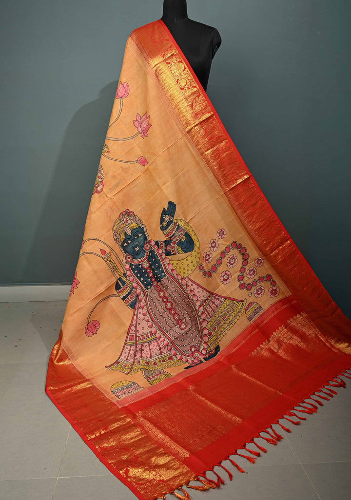 Dupatta: Orange Authentic Pen Kalamkari Hand Painted on Kanjivaram Pure Silk Dupatta with Srinath Ji Theme Zari Border | SILK MARK CERTIFIED | SHOBITAM