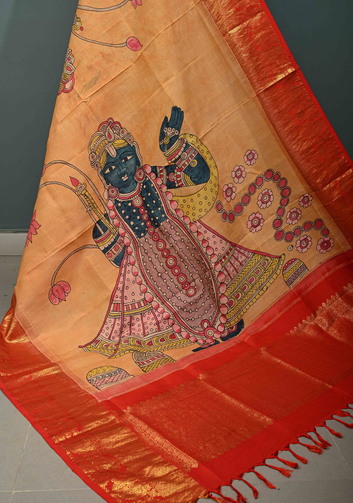 Dupatta: Orange Authentic Pen Kalamkari Hand Painted on Kanjivaram Pure Silk Dupatta with Srinath Ji Theme Zari Border | SILK MARK CERTIFIED | SHOBITAM