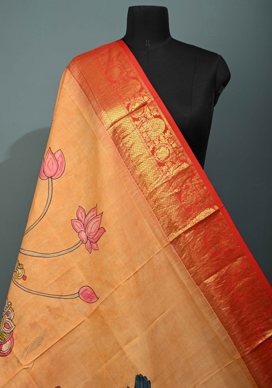 Dupatta: Orange Authentic Pen Kalamkari Hand Painted on Kanjivaram Pure Silk Dupatta with Srinath Ji Theme Zari Border | SILK MARK CERTIFIED | SHOBITAM
