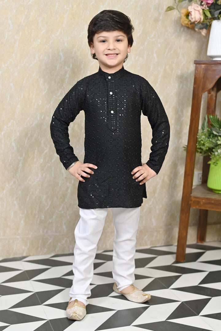 Boys Rayon Chikankari Embroidery Sequinned Kurta Pajama Set - Black | SHOBITAM